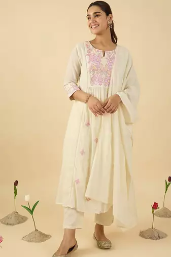 Floral Embroidered Notch Neck Cotton A-Line Kurta & Trousers With Dupatta