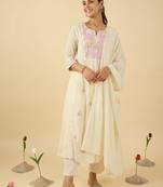 Floral Embroidered Notch Neck Cotton A-Line Kurta & Trousers With Dupatta
