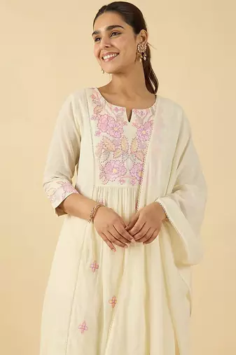 Floral Embroidered Notch Neck Cotton A-Line Kurta & Trousers With Dupatta