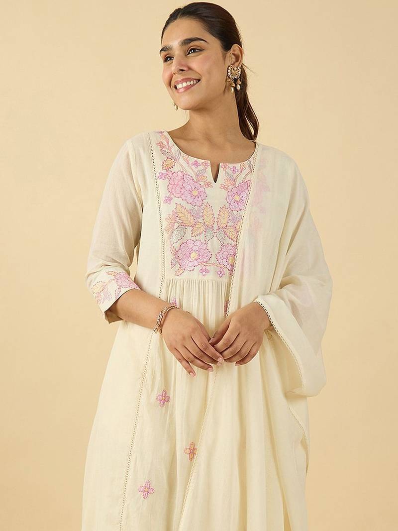 Floral Embroidered Notch Neck Cotton A-Line Kurta & Trousers With Dupatta