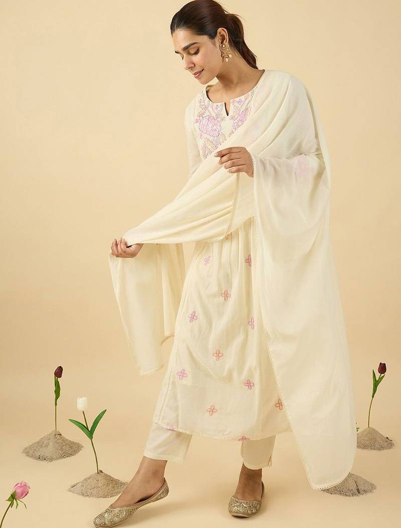 Floral Embroidered Notch Neck Cotton A-Line Kurta & Trousers With Dupatta