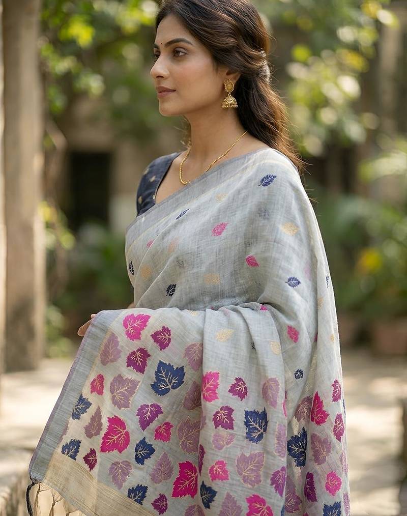 Grey linen woven saree with blouse