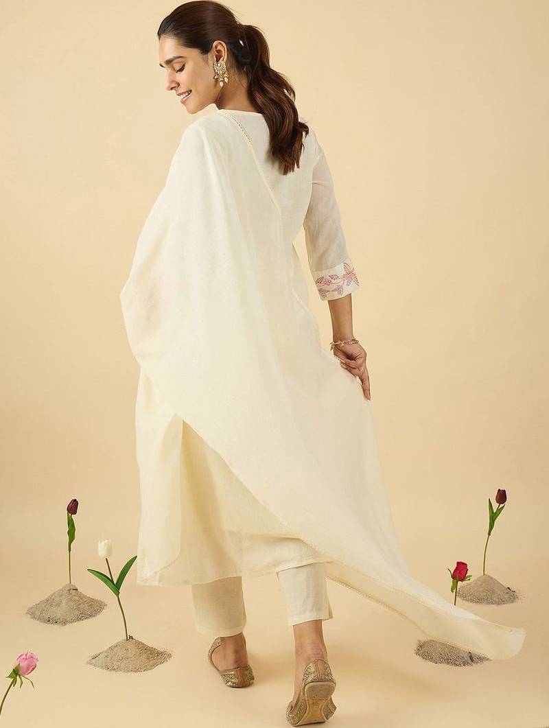 Floral Embroidered Notch Neck Cotton A-Line Kurta & Trousers With Dupatta