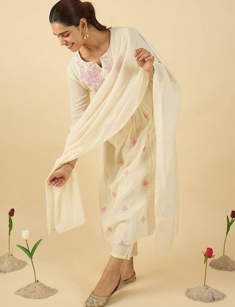Floral Embroidered Notch Neck Cotton A-Line Kurta & Trousers With Dupatta