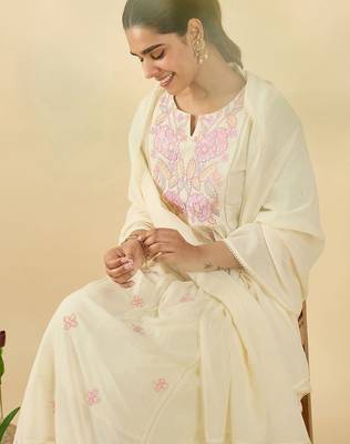 Floral Embroidered Notch Neck Cotton A-Line Kurta & Trousers With Dupatta 7