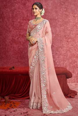 Peach casio heavy embroidery with sequince work saree with blouse 1