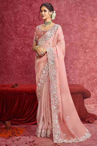 Peach casio heavy embroidery with sequince work saree with blouse