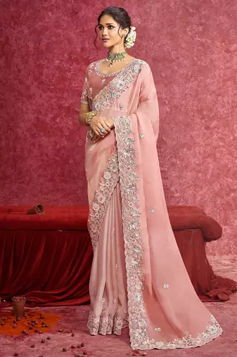 Peach casio heavy embroidery with sequince work saree with blouse