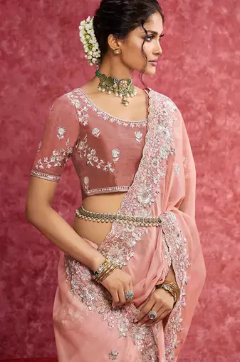 Peach casio heavy embroidery with sequince work saree with blouse