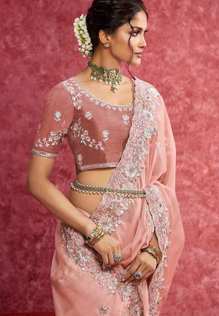 Peach casio heavy embroidery with sequince work saree with blouse
