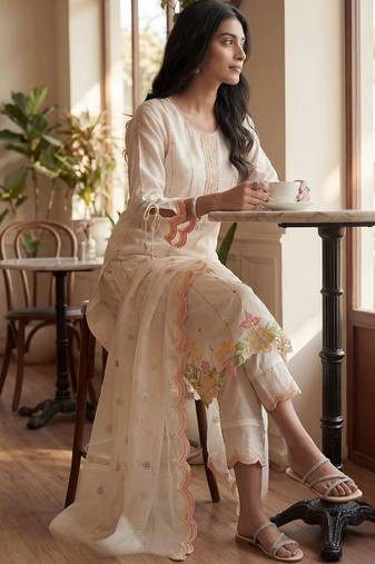 Women Floral Embroidered Thread Work Kurta with Trousers & With Dupatta