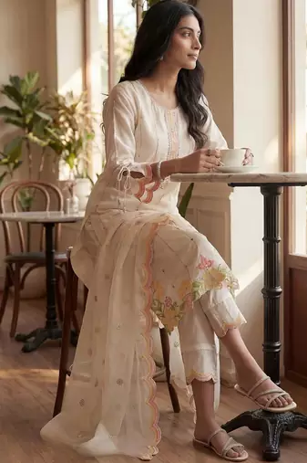 Women Floral Embroidered Thread Work Kurta with Trousers & With Dupatta