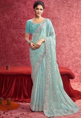 Sky blue galaxy heavy embroidery with sequince work saree with blouse 1