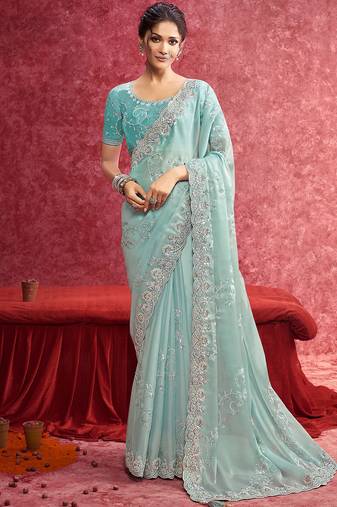 Sky blue galaxy heavy embroidery with sequince work saree with blouse