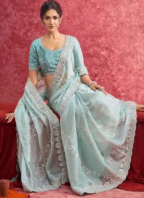 Sky blue galaxy heavy embroidery with sequince work saree with blouse 2