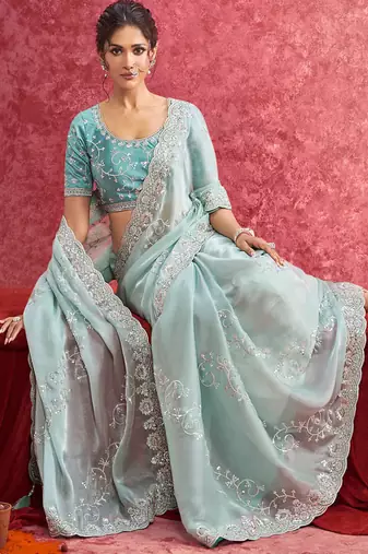 Sky blue galaxy heavy embroidery with sequince work saree with blouse