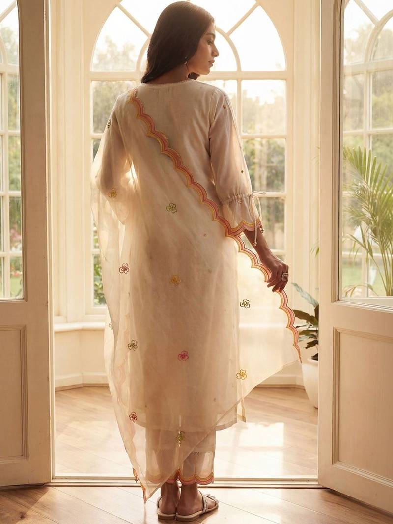 Women Floral Embroidered Thread Work Kurta with Trousers & With Dupatta