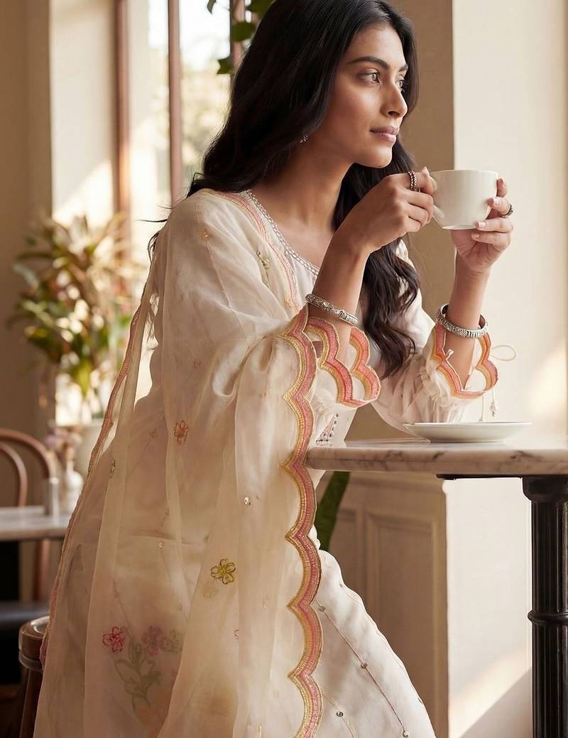 Women Floral Embroidered Thread Work Kurta with Trousers & With Dupatta