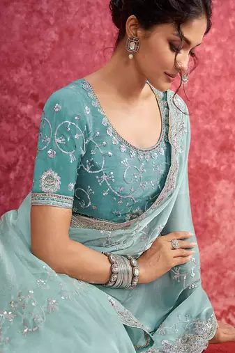 Sky blue galaxy heavy embroidery with sequince work saree with blouse