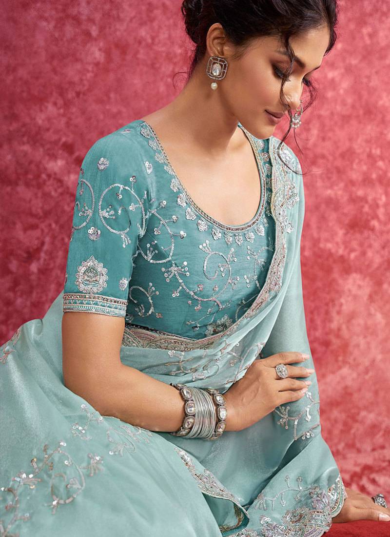 Sky blue galaxy heavy embroidery with sequince work saree with blouse