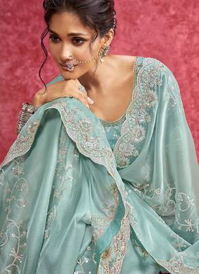 Sky blue galaxy heavy embroidery with sequince work saree with blouse 4
