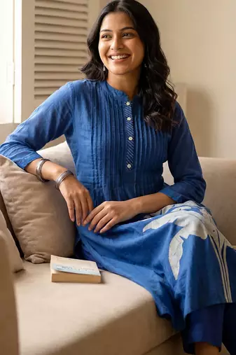 Women Floral Printed Panelled Cotton Kurta with Trousers