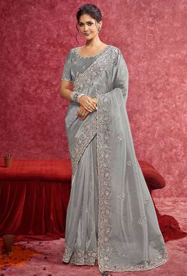 Grey siya silk heavy embroidery with sequince work saree with blouse 1