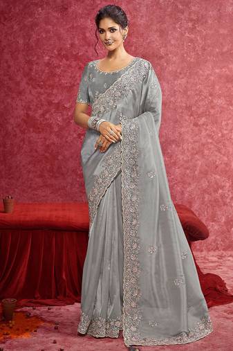 Grey siya silk heavy embroidery with sequince work saree with blouse