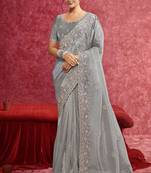 Grey siya silk heavy embroidery with sequince work saree with blouse