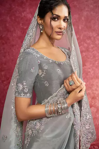 Grey siya silk heavy embroidery with sequince work saree with blouse