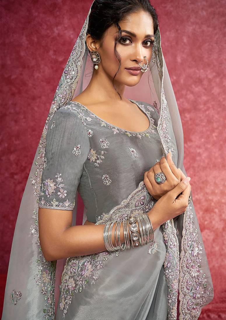 Grey siya silk heavy embroidery with sequince work saree with blouse