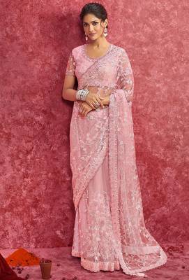 Pink net heavy embroidery with sequince work saree with blouse 1