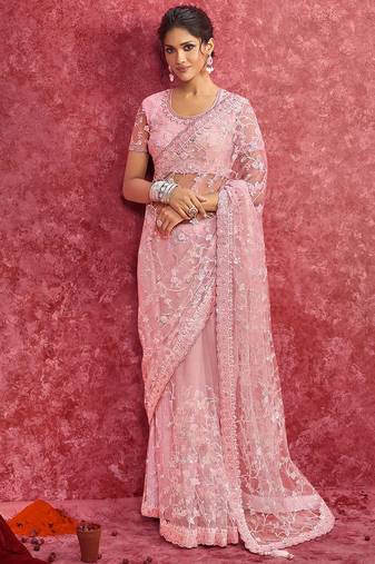 Pink net heavy embroidery with sequince work saree with blouse