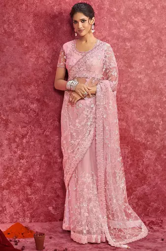 Pink net heavy embroidery with sequince work saree with blouse