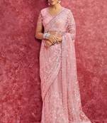 Pink net heavy embroidery with sequince work saree with blouse