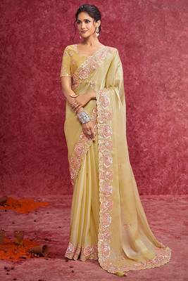 Lemon yellow galaxy heavy embroidery with sequince work saree with blouse 1