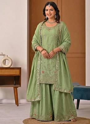 green crep silk blend  party wear embroidery sharara suit set 1