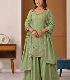 green crep silk blend  party wear embroidery sharara suit set