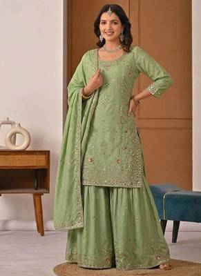 green crep silk blend  party wear embroidery sharara suit set 2