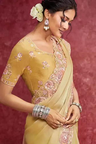 Lemon yellow galaxy heavy embroidery with sequince work saree with blouse
