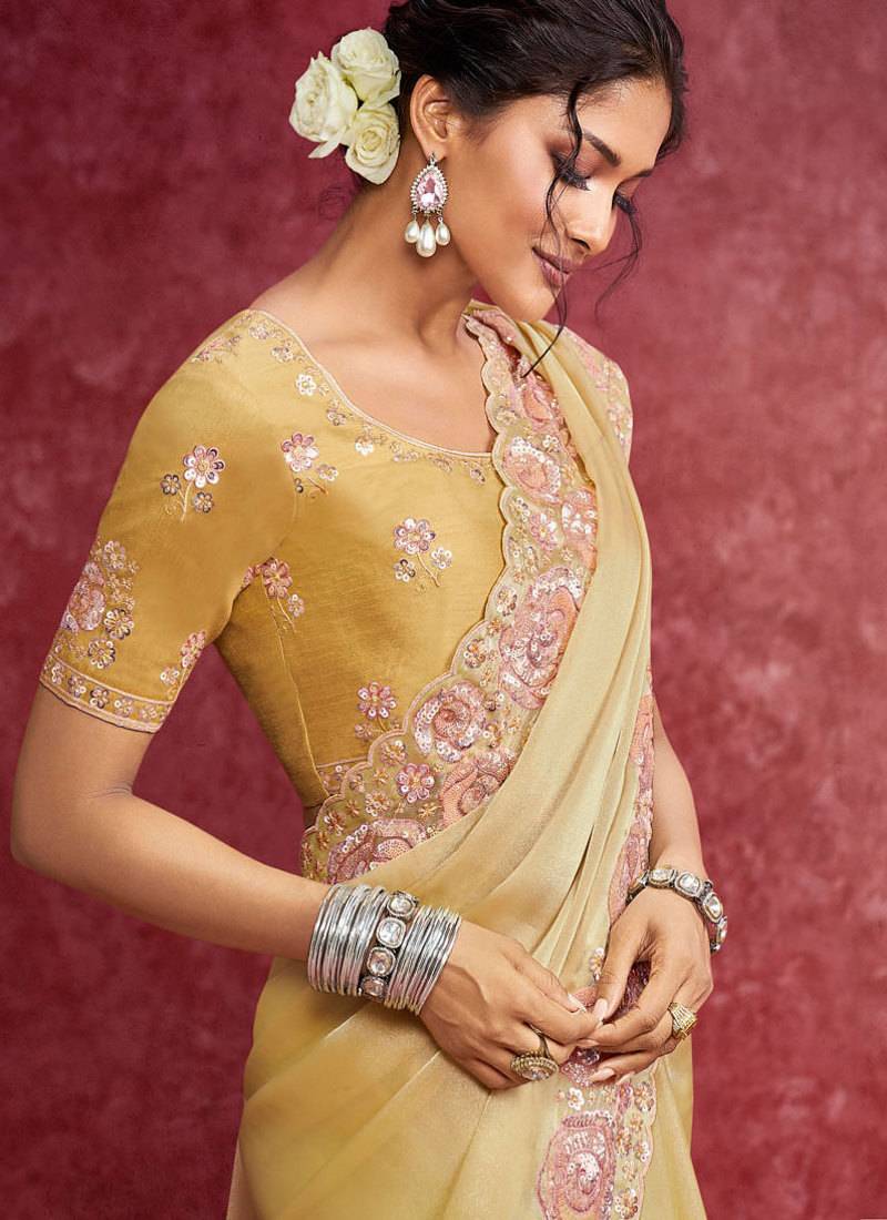 Lemon yellow galaxy heavy embroidery with sequince work saree with blouse