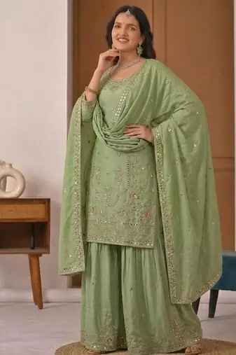 green crep silk blend  party wear embroidery sharara suit set