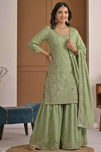 green crep silk blend  party wear embroidery sharara suit set