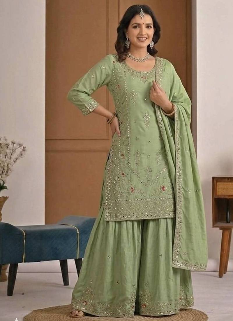 green crep silk blend  party wear embroidery sharara suit set