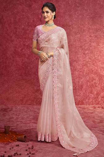 Baby pink pure weave heavy embroidery with sequince work saree with blouse
