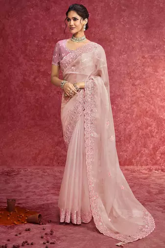 Baby pink pure weave heavy embroidery with sequince work saree with blouse
