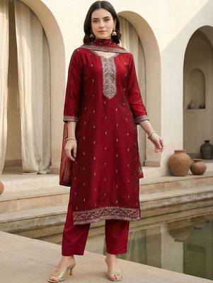Women Ethnic Motifs Embroidered Thread Work Kurta with Trousers & With Dupatta 1