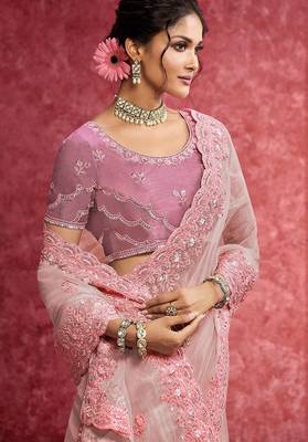 Baby pink pure weave heavy embroidery with sequince work saree with blouse 2
