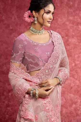 Baby pink pure weave heavy embroidery with sequince work saree with blouse