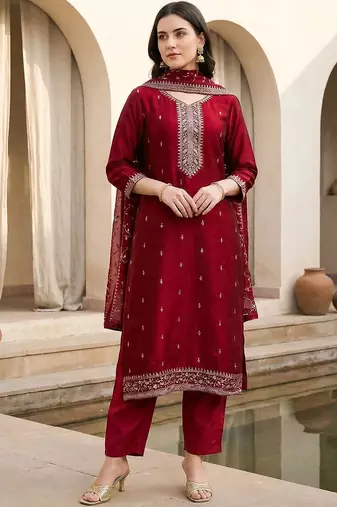 Women Ethnic Motifs Embroidered Thread Work Kurta with Trousers & With Dupatta